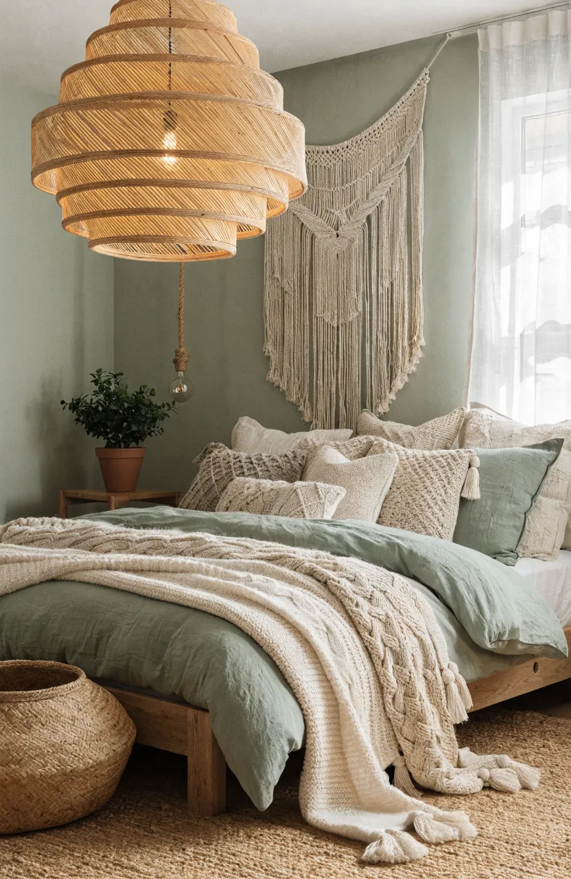 Cozy Boho Bedroom Ideas to Recreate Right Now, Residential bedroom, Modern Bohemian / Scandi-Boho, Sage green, Cream, Natural jute tan
