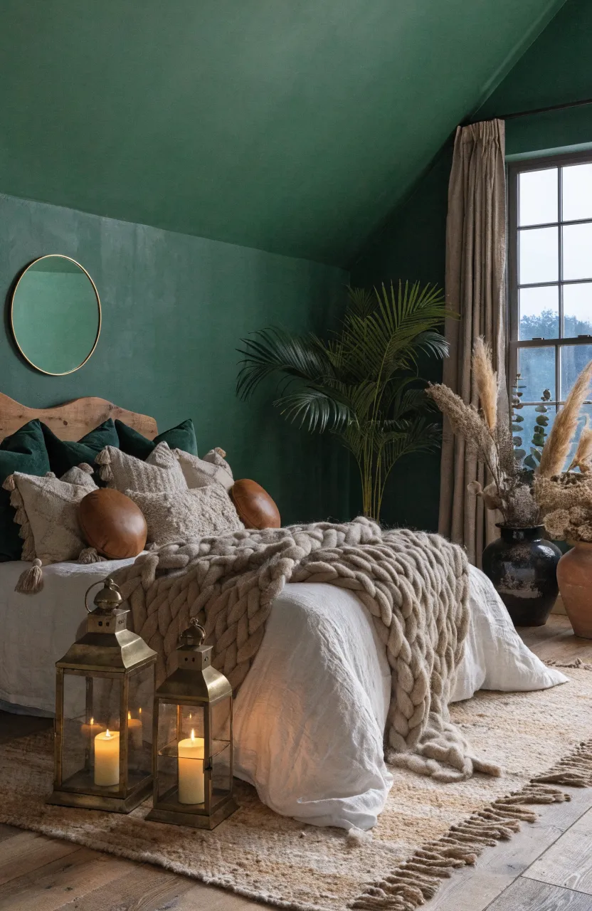 Dreamy Boho bedroom ideas for a cozy sanctuary, Sophisticated bohemian attic or high-ceiling bedroom, boho bedroom, Forest Green, Cognac, Beige, Soft evening ambiance