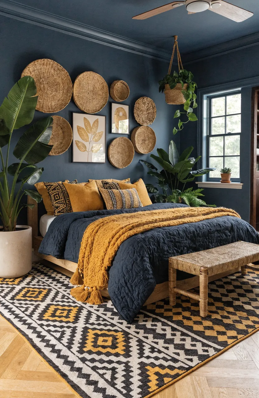 Bold Mustard and Navy Boho Bedroom Ideas, bedroom, boho bedroom, Mustard Yellow, Navy Blue, Charcoal, Soft natural indoor lighting