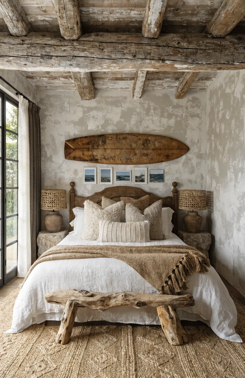 Relaxed Boho Bedroom Ideas with Coastal Vibes, bedroom, Modern Coastal Boho / Wabi-sabi, Off-white, Sand, Weathered Wood, Soft natural morning light