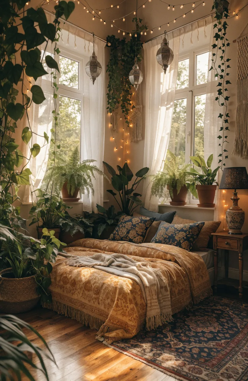 Dreamy Boho Bedroom Ideas for a Cozy Nook, bedroom, boho bedroom, Mustard yellow, Forest green, Amber, Golden hour natural light mixed with warm interior light