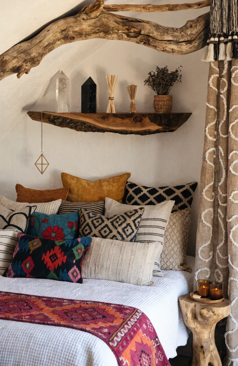 Cozy Boho bedroom ideas for a Relaxing Space, Whimsical attic bedroom, Wabi-sabi meets bohemian maximalism, Mustard Yellow, Teal, Magenta, Soft natural indoor lighting