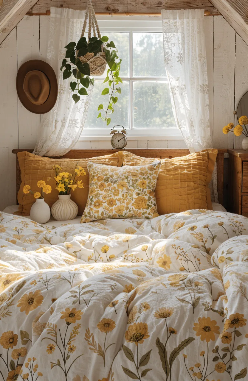 Cozy Warm Earthy Boho Bedroom Ideas, Rustic attic bedroom, boho bedroom, Mustard yellow, Ochre, Creamy white, Soft, diffused natural sunlight through the window
