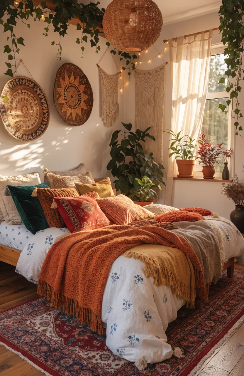 Cozy Earthy Boho Bedroom Ideas for a Warm Sanctuary, Indoor sunny bedroom, Modern Bohemian Maximalism, Burnt Orange, Emerald Green, Deep Red