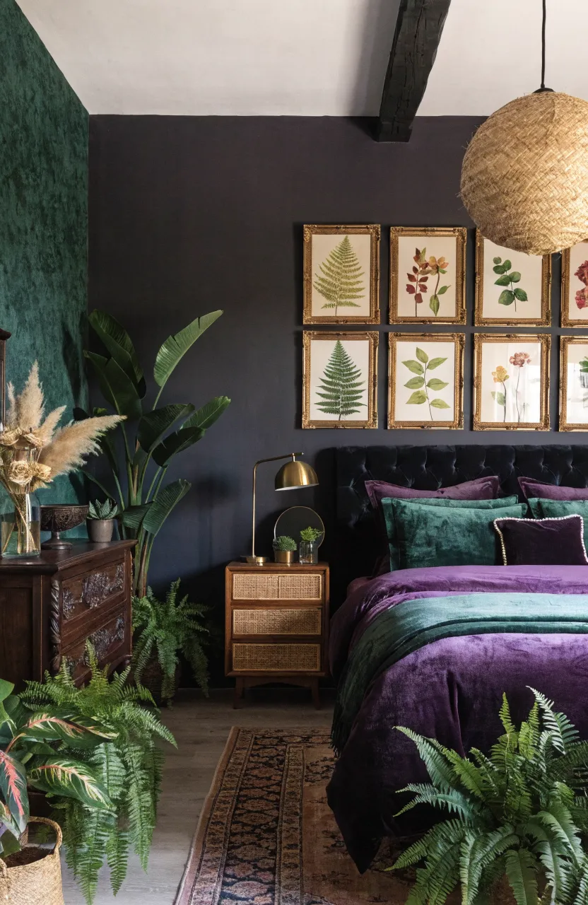 Moody & Cozy Boho Bedroom Ideas to Try, bedroom, Moody Boho / Eclectic Interior Design, Eggplant Purple, Forest Green, Charcoal