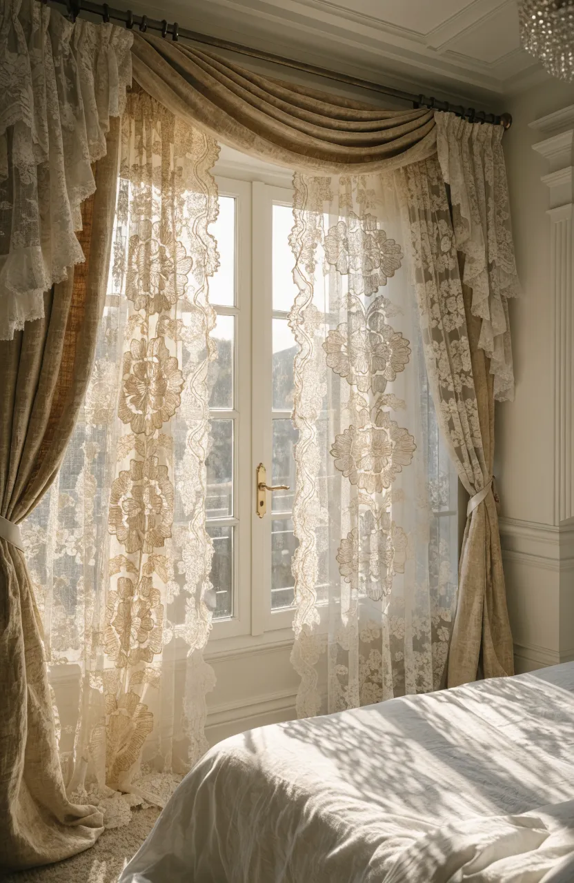 Dreamy Boho Bedroom Ideas featuring Vintage Lace, High-end attic or classic bedroom, Vintage Shabby Chic combined with Modern Boho Bedroom elements., Cream, Warm White, Champagne.
