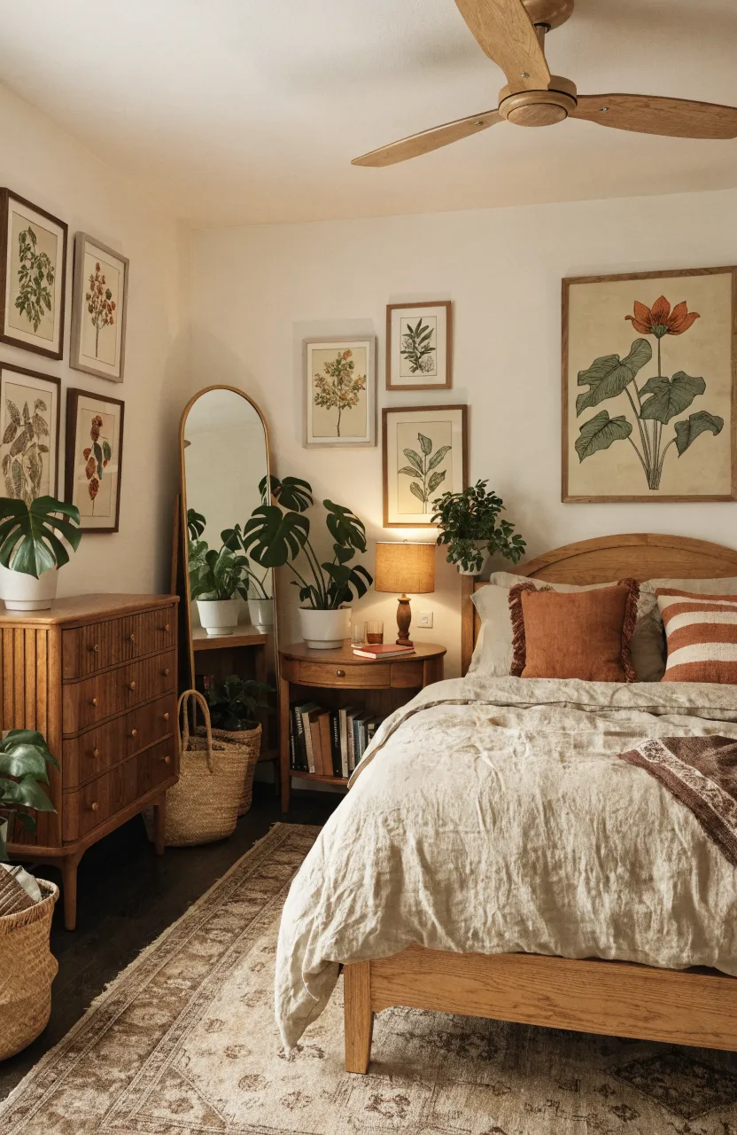 Dreamy Boho Bedroom Ideas for a Warm Sanctuary, Residential bedroom, Earthy Bohemian / Mid-Century Modern fusion, Terracotta, Cream, Oak wood, Ambient warm indoor lighting