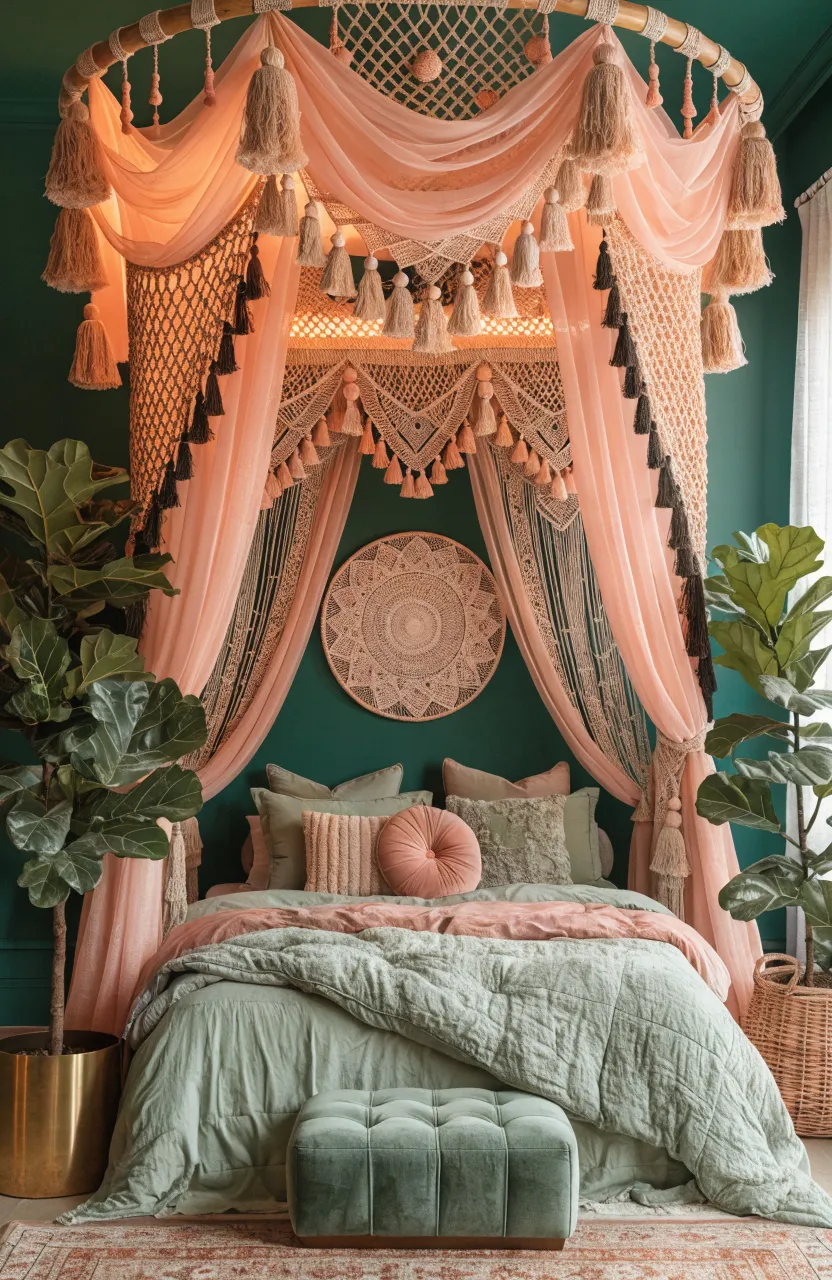 Dreamy Emerald Green Boho Bedroom Ideas, bedroom, Modern Moroccan Bohemian, Emerald Green, Dusty Rose, Sage, Soft, warm ambient light
