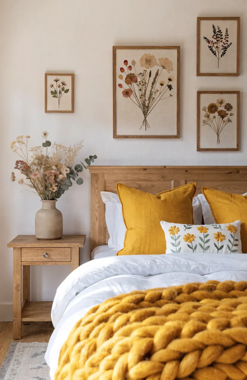 Cozy Mustard Yellow and White Boho Bedroom Ideas, Interior residential bedroom, Modern Boho / Scandinavian fusion, Mustard Yellow, Oak Wood, Cream, Natural daylight from a large.