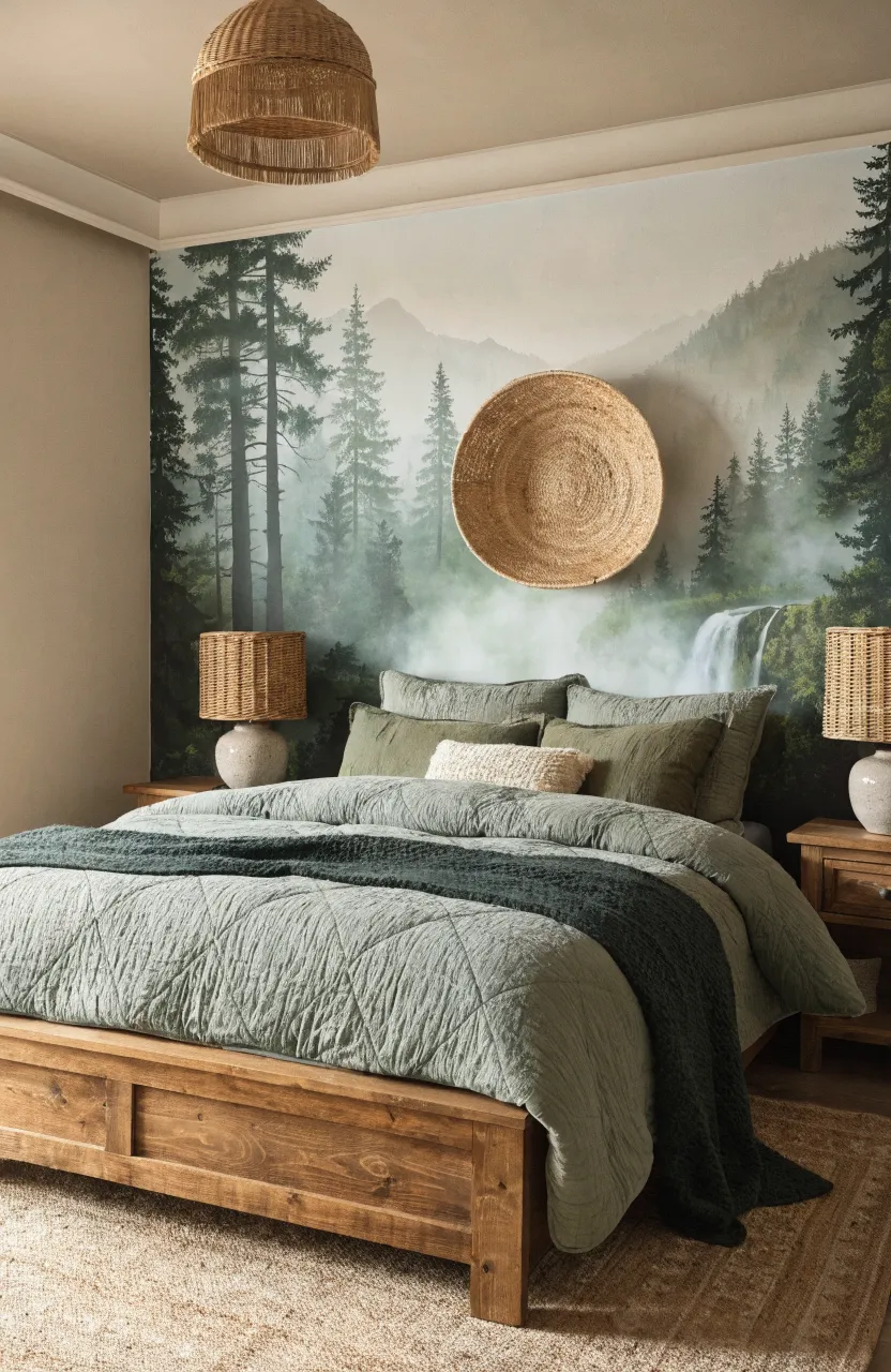 Dreamy Forest Mural Boho Bedroom Ideas, Cozy earthy bedroom interior, Modern Boho Bedroom with Japandi influences, Sage green, Forest green, Wood brown, Soft filtered afternoon.