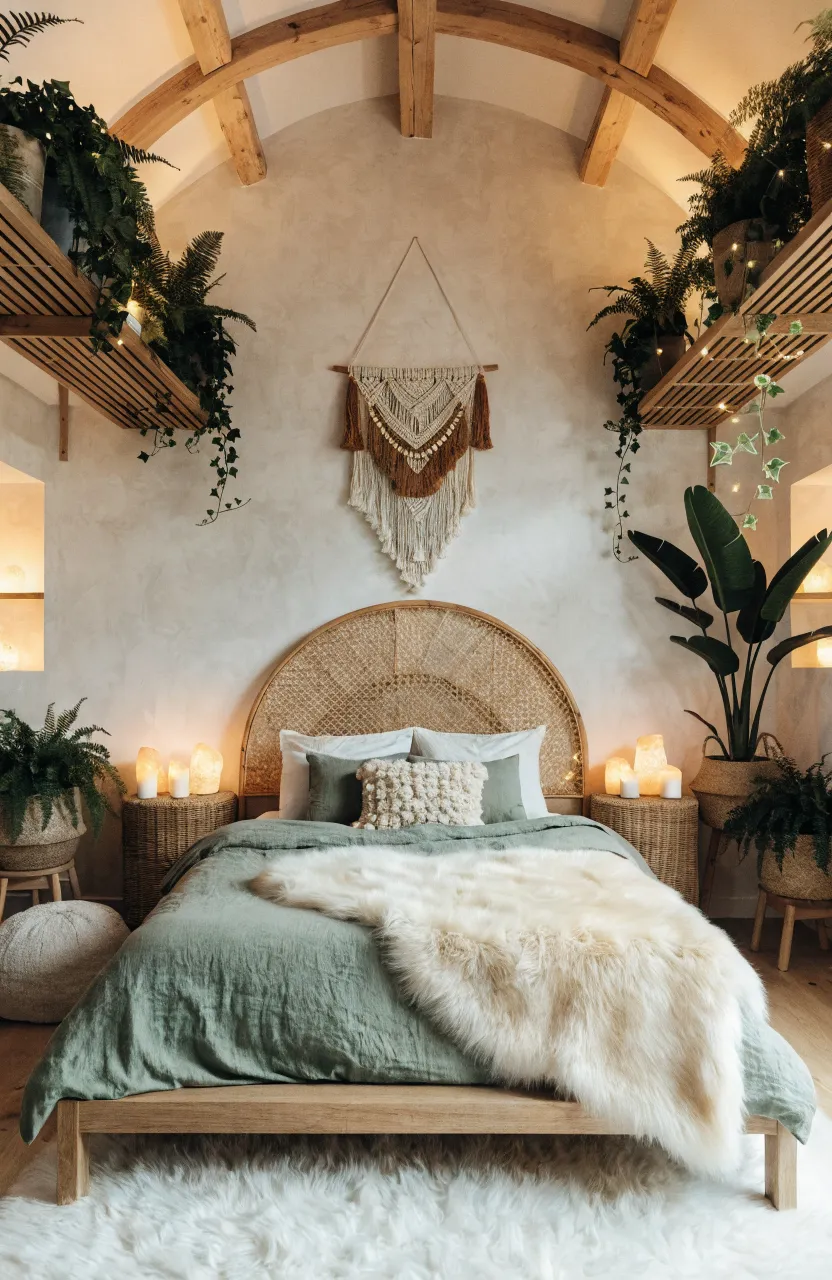 Dreamy Sage Green & Boho Bedroom Ideas, bedroom, Modern Bohemian / Nordic Fusion, Sage green, Cream/Ivory, Light Oak, Warm ambient glow