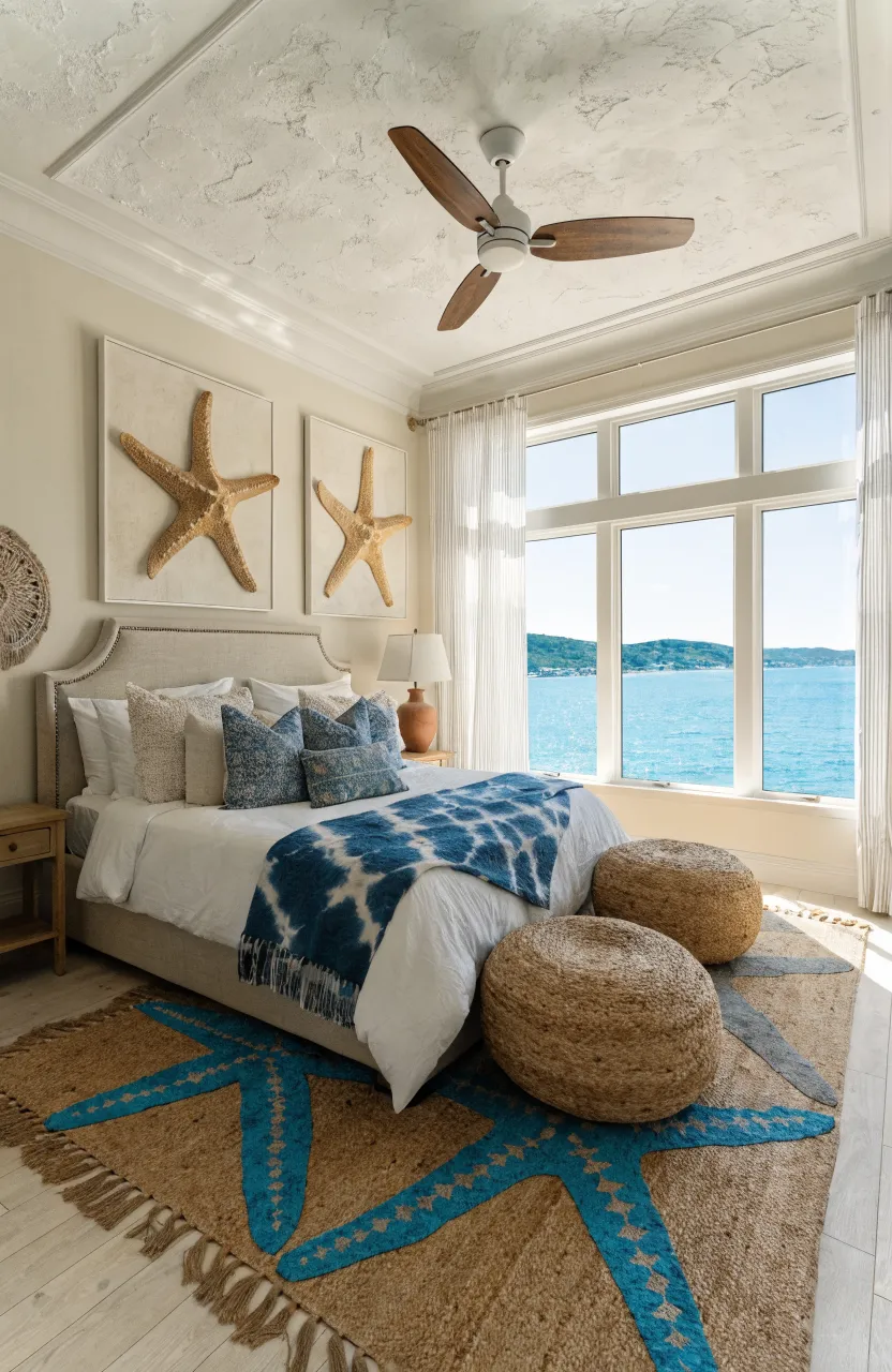 Dreamy Coastal Boho Bedroom Ideas, A bright, airy bedroom with high ceilings and a ceiling fan, boho bedroom, Turquoise blue, Creamy white, Soft beige, High-key natural daylight.