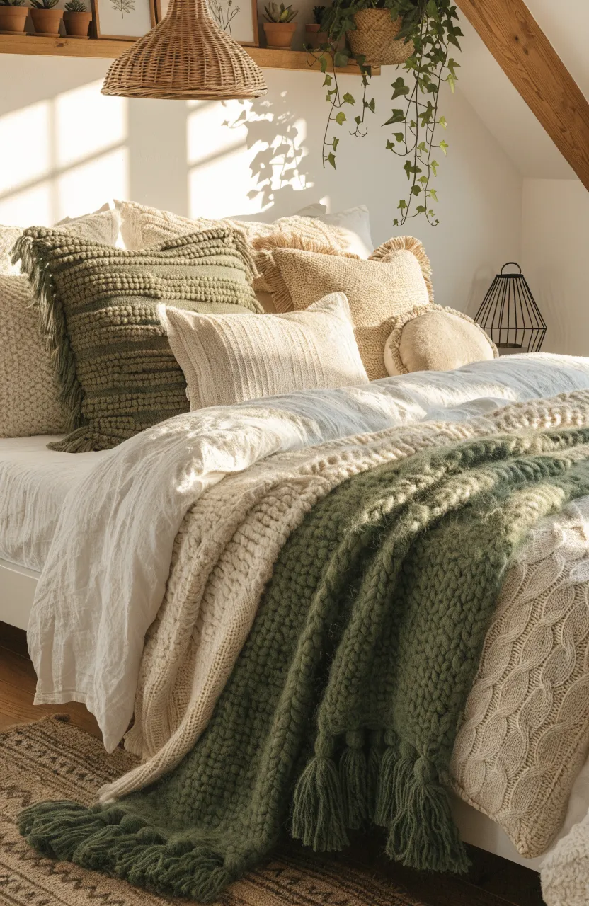 Dreamy Boho bedroom ideas for a Cozy Sanctuary, Indoor attic bedroom with warm white walls, boho bedroom, Olive green, Cream, Terracotta, Harsh golden hour sunlight