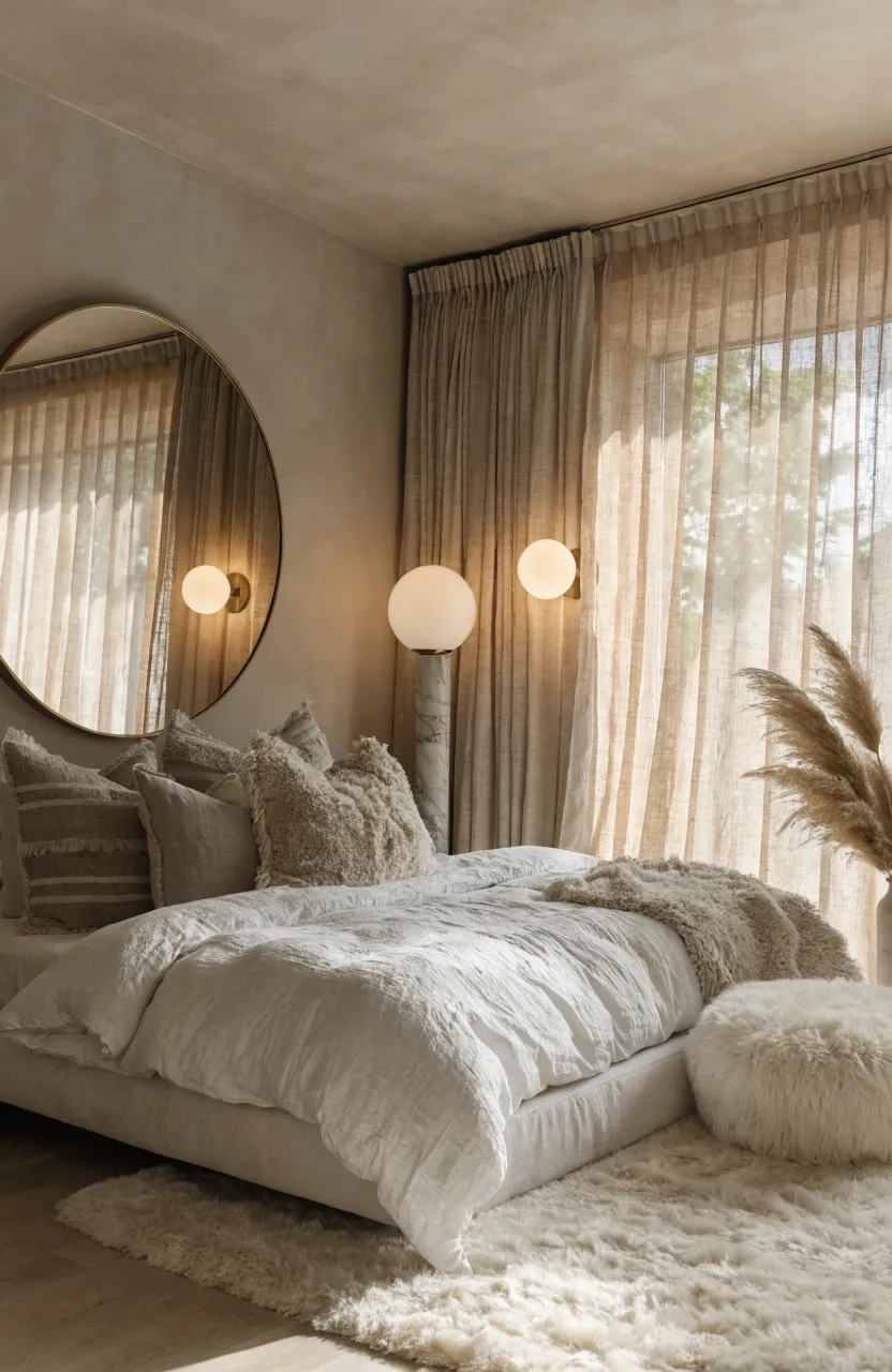 Dreamy Boho bedroom ideas for a Warm Earthy Bedroom, Indoor upscale minimalist bedroom, boho bedroom, Cream, Sand, Taupe, Hybrid lighting