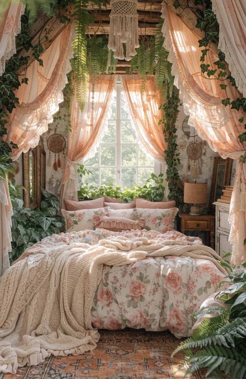 Dreamy Boho Bedroom Ideas for a Cozy Sanctuary, Whimsical attic bedroom, boho bedroom, Dusty Rose, Peach, Cream, Soft golden hour sunlight streaming through a large window