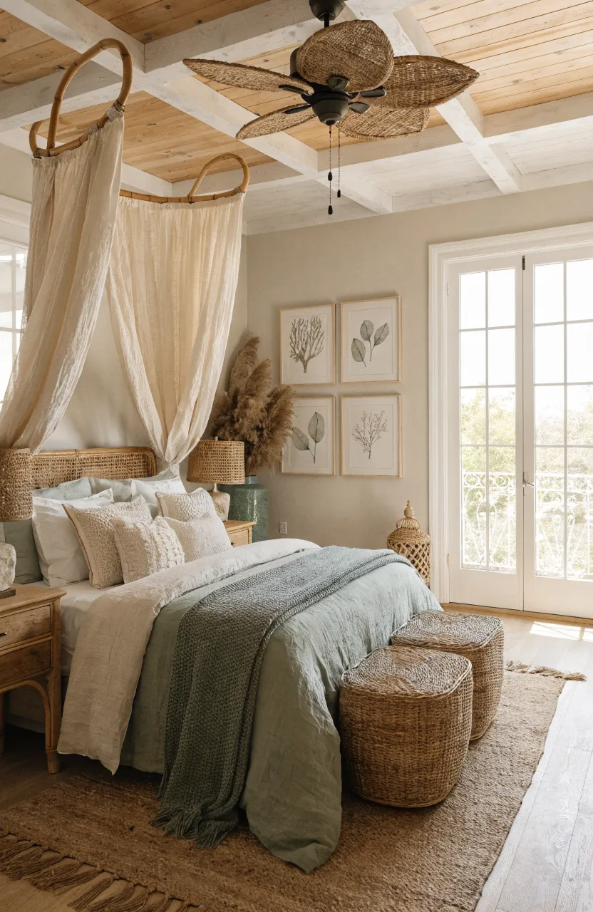 Dreamy Boho Bedroom Ideas for a Coastal Retreat, bedroom, boho bedroom, Sage green, Cream, Sandy beige, Bright, soft natural light streaming through large white French doors