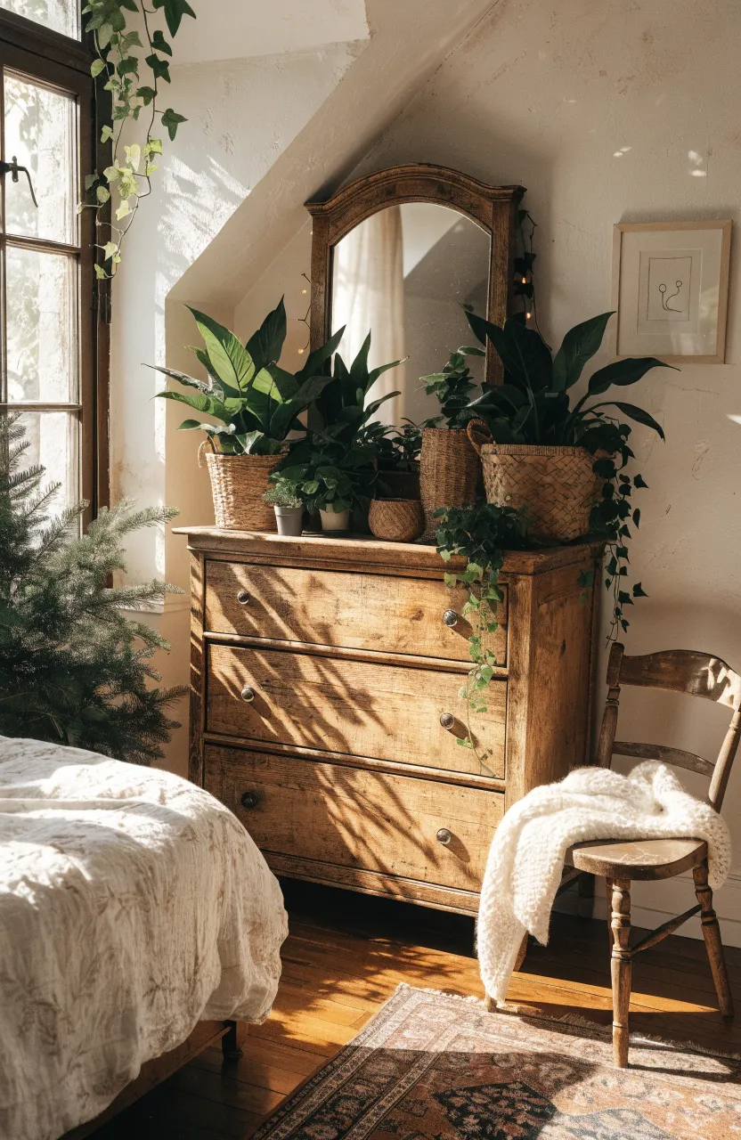 Dreamy Boho Bedroom Ideas for a Warm Earthy Vibe, Whimsical attic-style bedroom, Modern Boho meets Earthy Rustic, Warm Amber, Earthy Browns, Soft Cream, Dramatic late afternoon.
