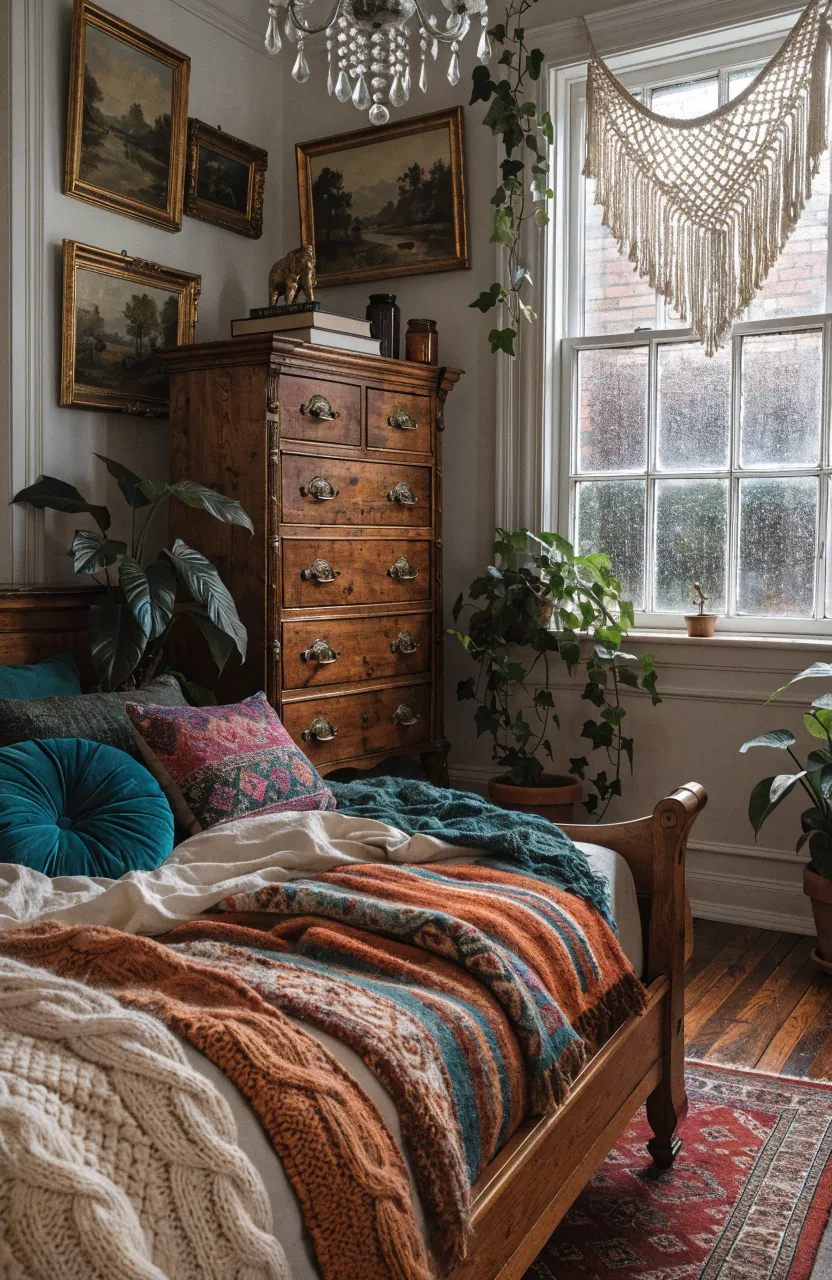 Cozy Earthy Boho Bedroom Ideas for a Warm Aesthetic, Whimsical attic-style bedroom with white walls and dark hardwood floors, Vintage Bohemian Maximalism, Deep Teal, Burnt Orange.