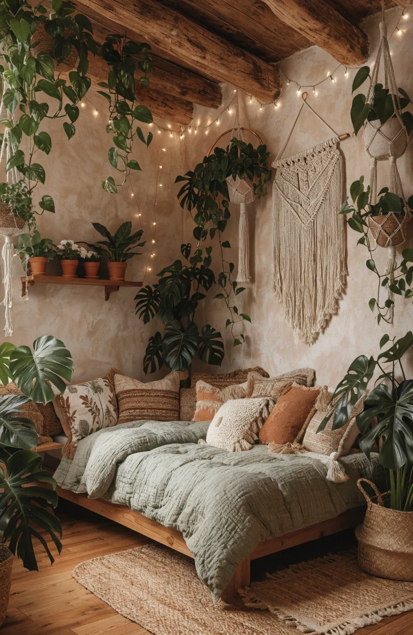 Dreamy Boho Bedroom Ideas for a Cozy Earthy Sanctuary, Cozy indoor bedroom sanctuary, Modern Bohemian / Urban Jungle interior design, Forest Green, Sage, Cream, Mood lighting only