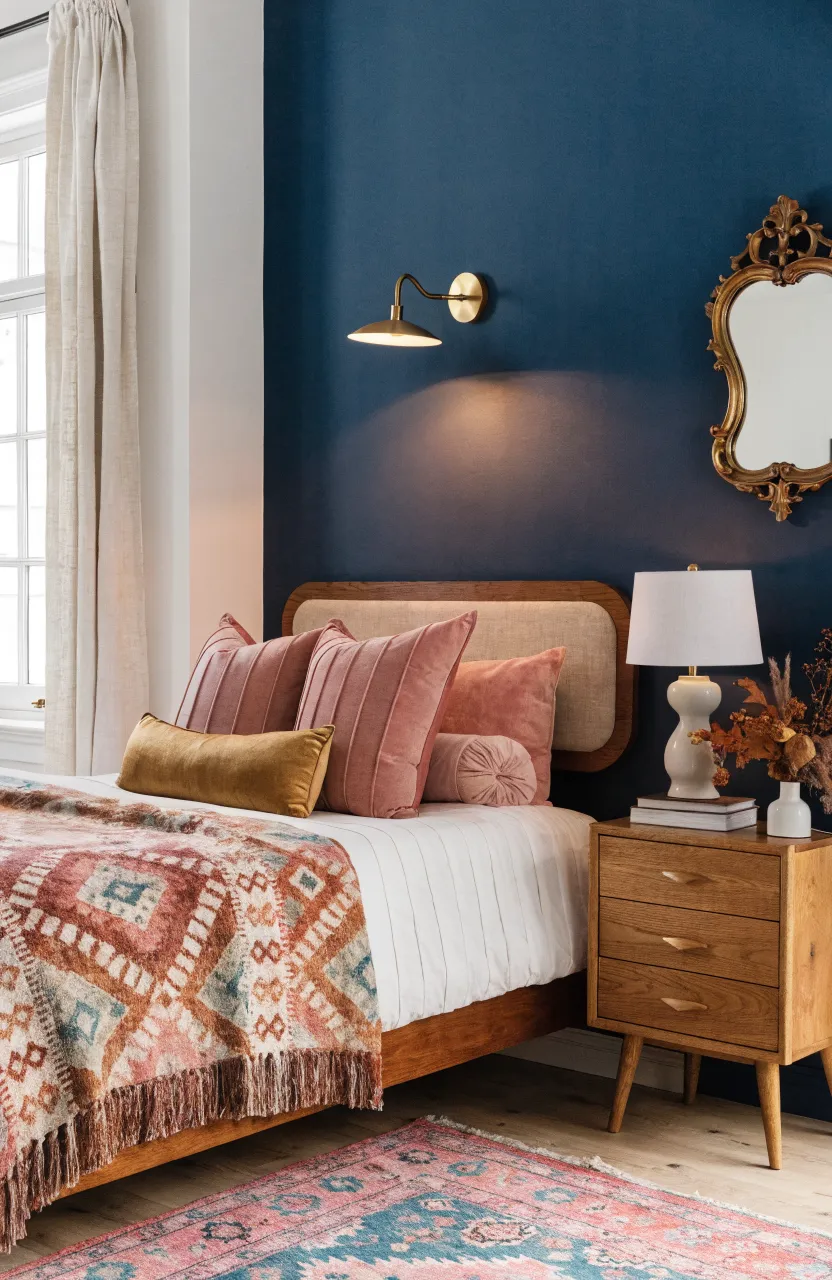 Moody & Cozy Boho Bedroom Ideas to Try, Interior residential bedroom, boho bedroom, Navy Blue, Dusty Rose/Pink, Brass Gold, Combination of soft natural light from a window and.