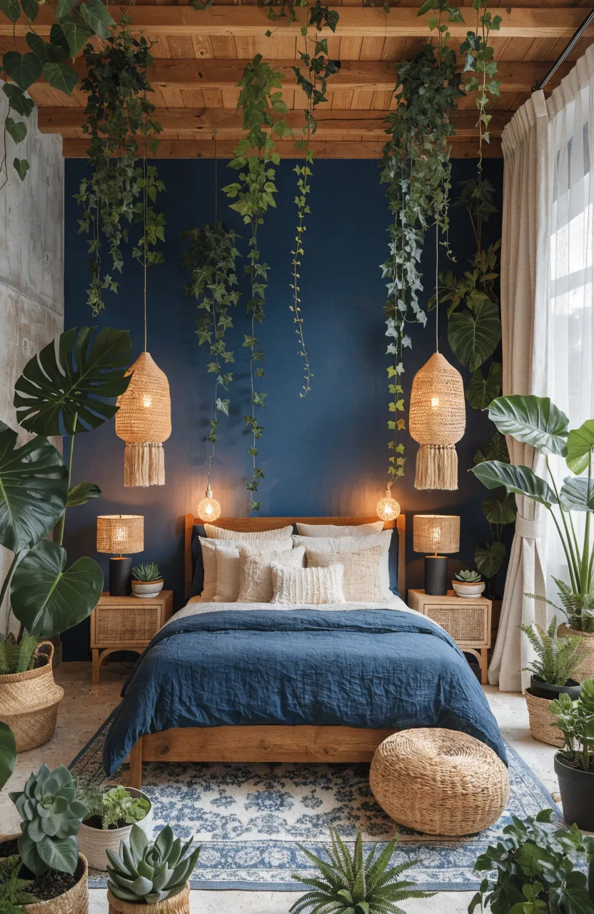 Dreamy Boho Bedroom Ideas with Navy Blue and Natural Wood, bedroom, Eclectic Modern Boho, Navy Blue, Warm Oak, Emerald Green, Warm ambient lighting with natural side light