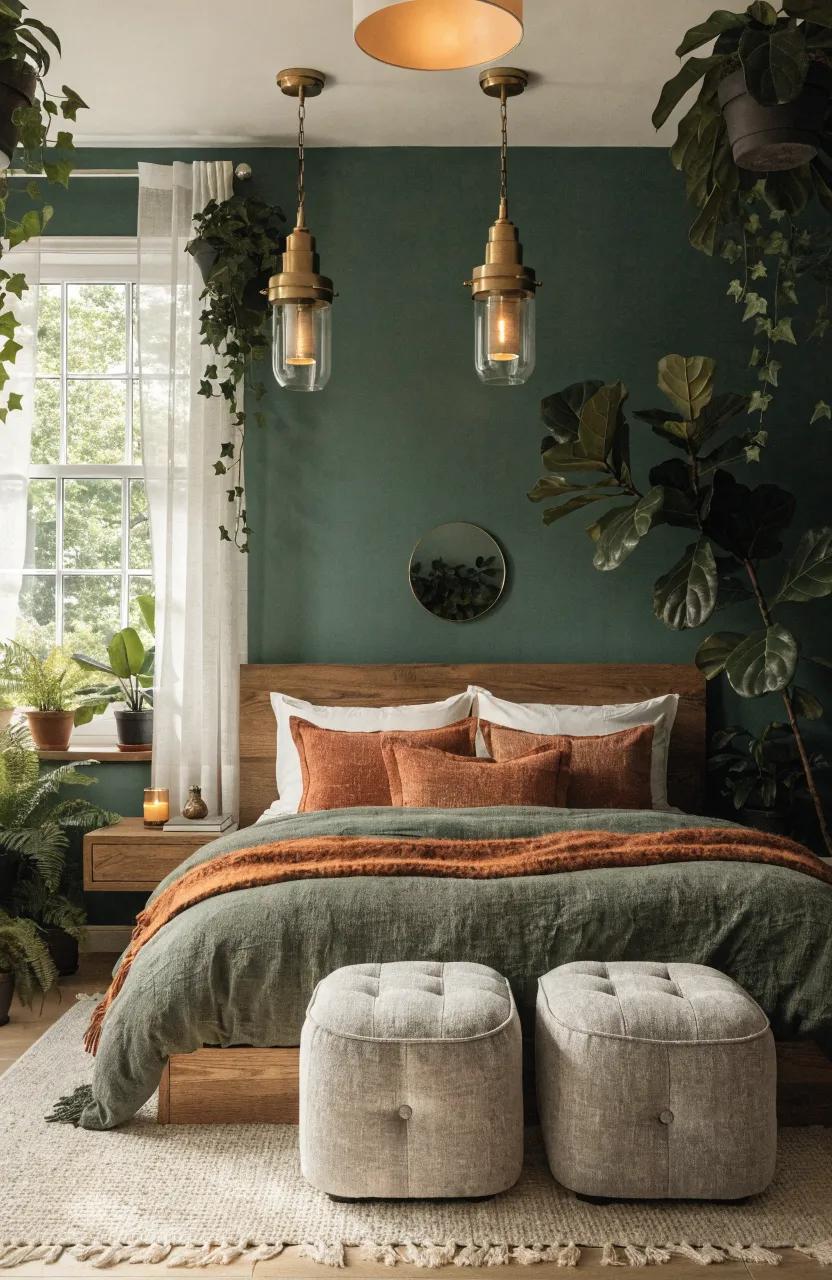 Dreamy Green Boho Bedroom Ideas for a Cozy Space, bedroom, boho bedroom, Forest Green, Terracotta, Mustard