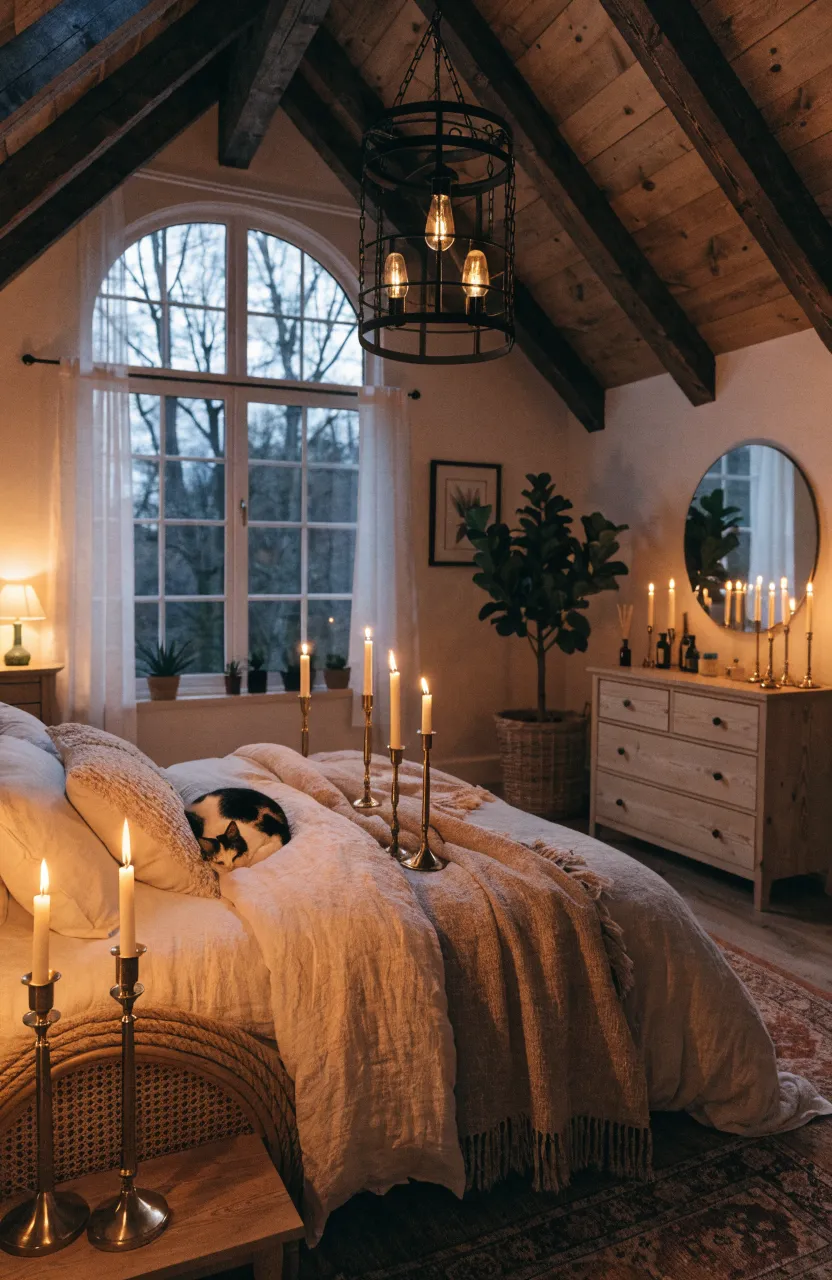 Warm Earthy Boho Bedroom Ideas for a Cozy Night, Atmospheric attic-style bedroom, Bohemian-modern with slow-living aesthetic