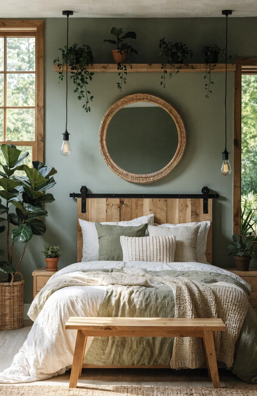 Earthy Sage Green Boho Bedroom Ideas & Decor, bedroom, Modern Bohemian, Earthy Minimalist