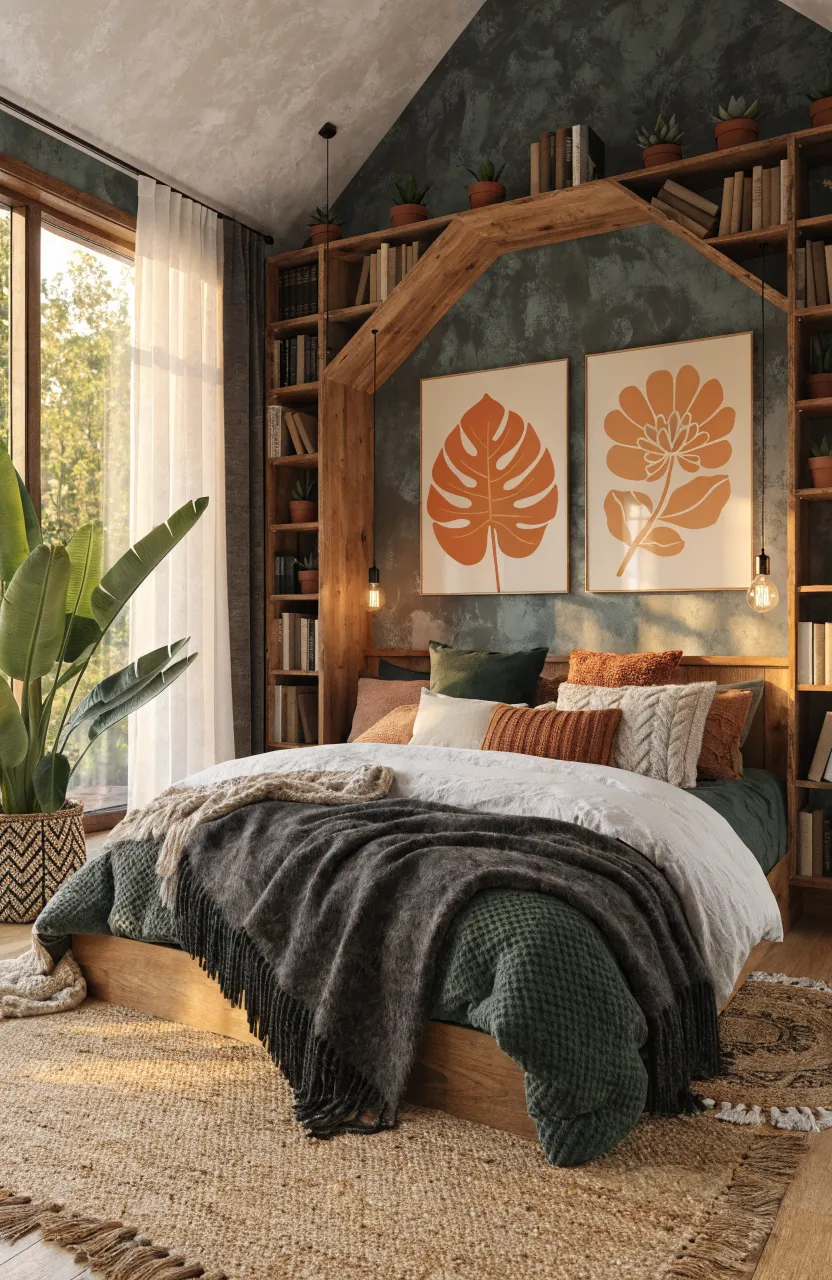 Earthy boho bedroom with warm wood built-in shelves, botanical wall art, deep green bedding, a woven rug, and soft natural window light