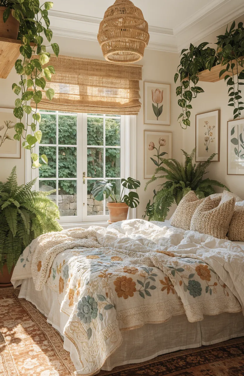 Light earthy boho bedroom with hanging vines, floral quilted bedding, woven pendant lighting, framed botanical prints, and sunlit French doors