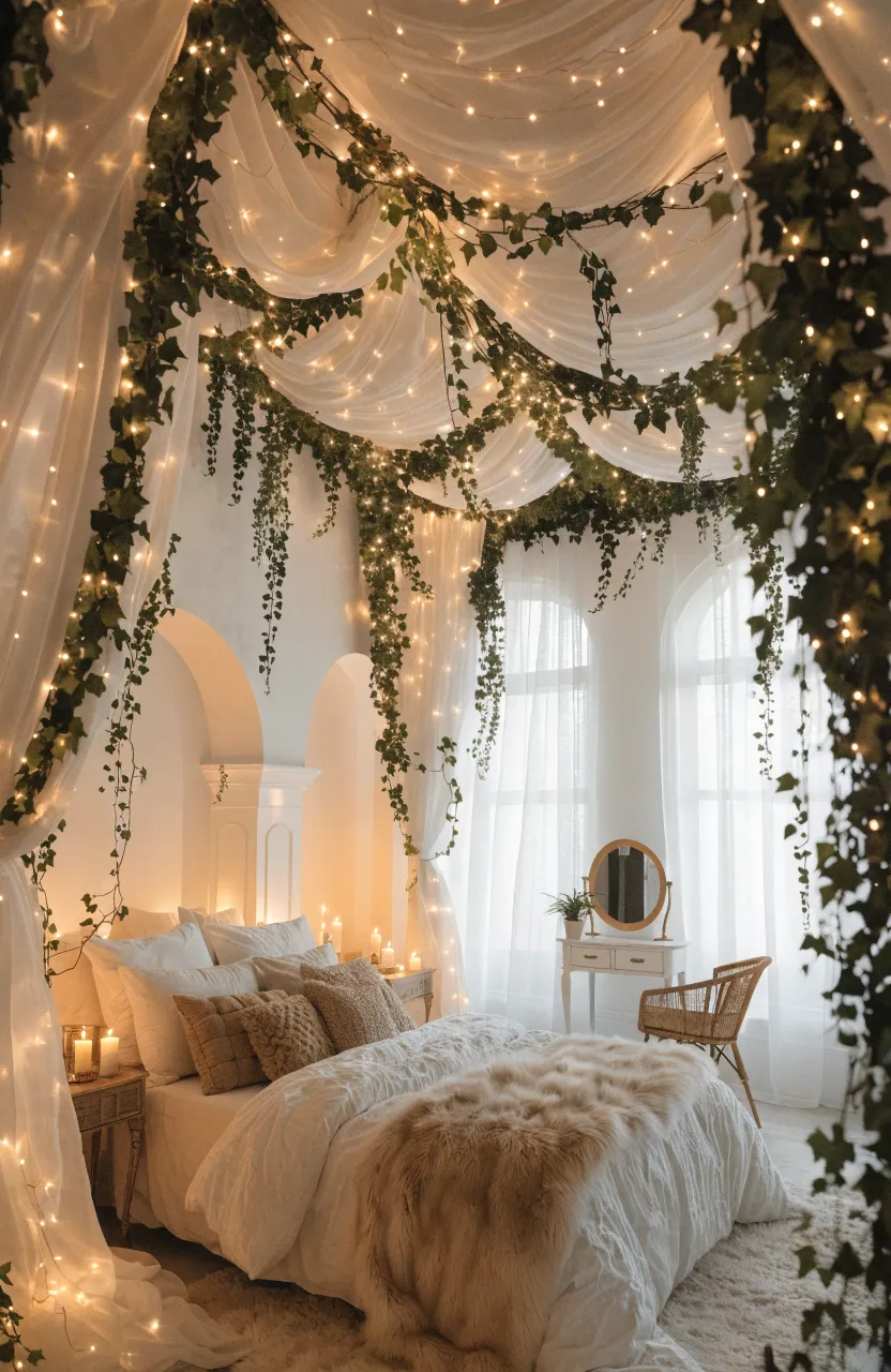 Whimsical boho canopy bedroom with white draped fabric, ivy garlands, warm fairy lights, plush bedding, and arched sunlit windows
