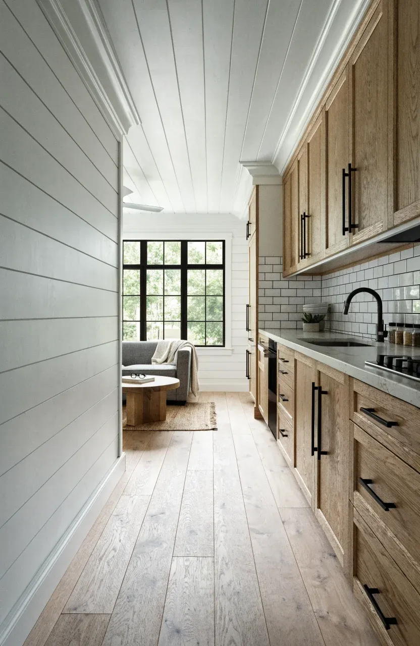 A modern tiny house interior showing a single-wall kitchen next to a cozy living area.
