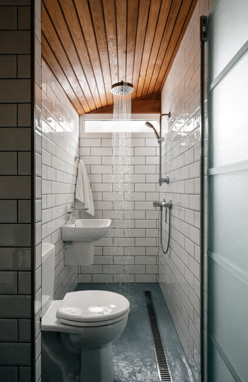 A bright, modern tiny house wet bath with white subway tiles and a space-saving corner sink.