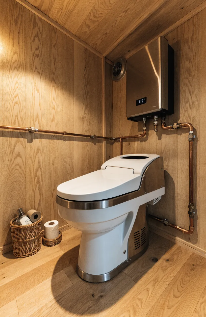 A tiny house bathroom featuring a composting toilet and a wall-mounted tankless water heater.