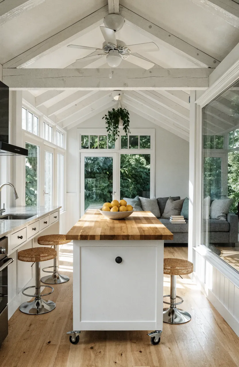 A wide view of a tiny house interior showing an open kitchen and living room with a rolling island.