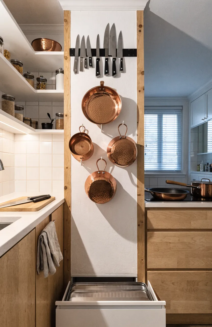 Clever storage in a tiny house including magnetic knife strips and a hidden toe-kick drawer.