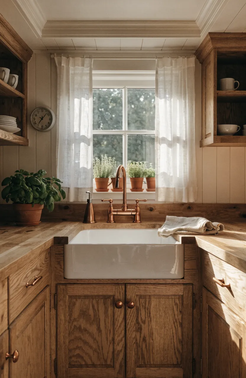A cozy tiny house farmhouse kitchen with a butcher block counter and white apron-front sink.