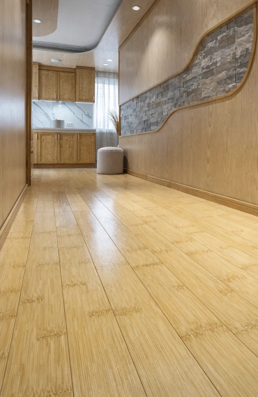 A tiny house interior featuring lightweight bamboo flooring and stone veneer wall panels.