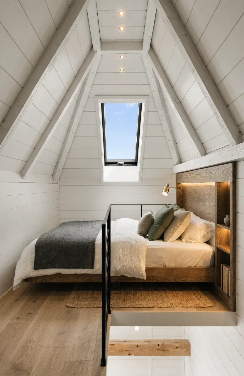A modern tiny house sleeping loft with a low-profile bed, built-in oak shelving, and a skylight.