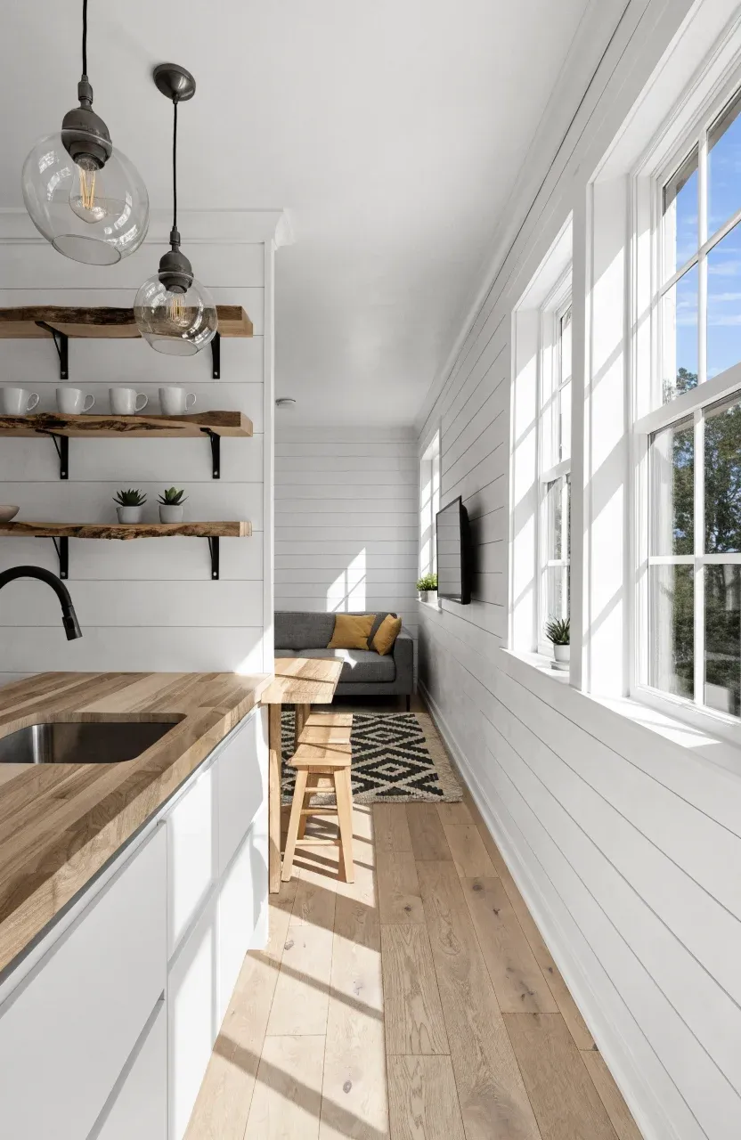 A tiny house interior showing a seamless transition from a white kitchen to a cozy living area.