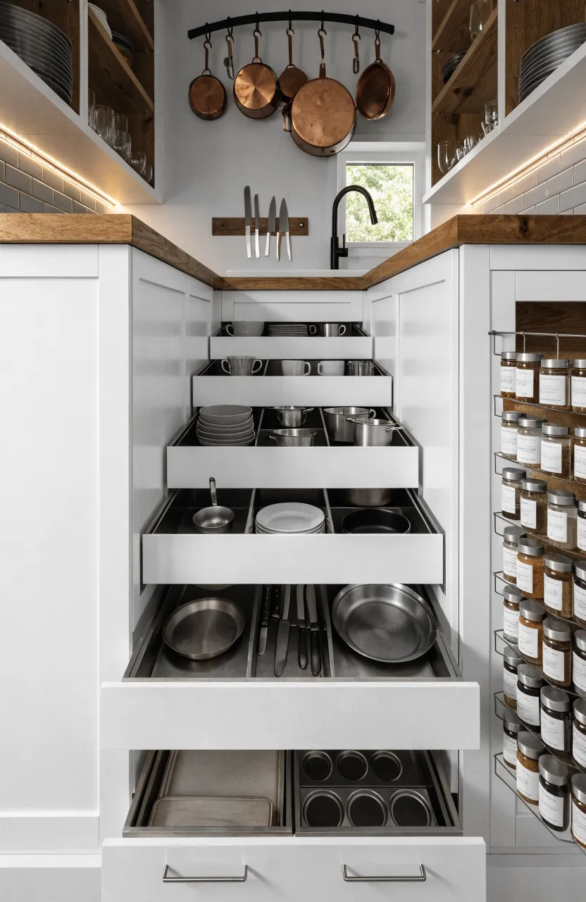 A tiny house kitchen with deep drawers, toe-kick storage, and a magnetic knife strip on the wall.