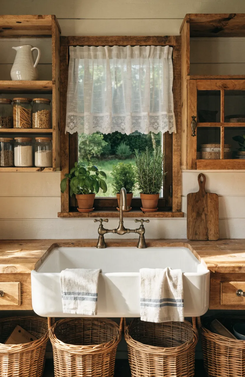 A cozy tiny house kitchen with a white farmhouse sink, reclaimed wood shelves, and wicker baskets.