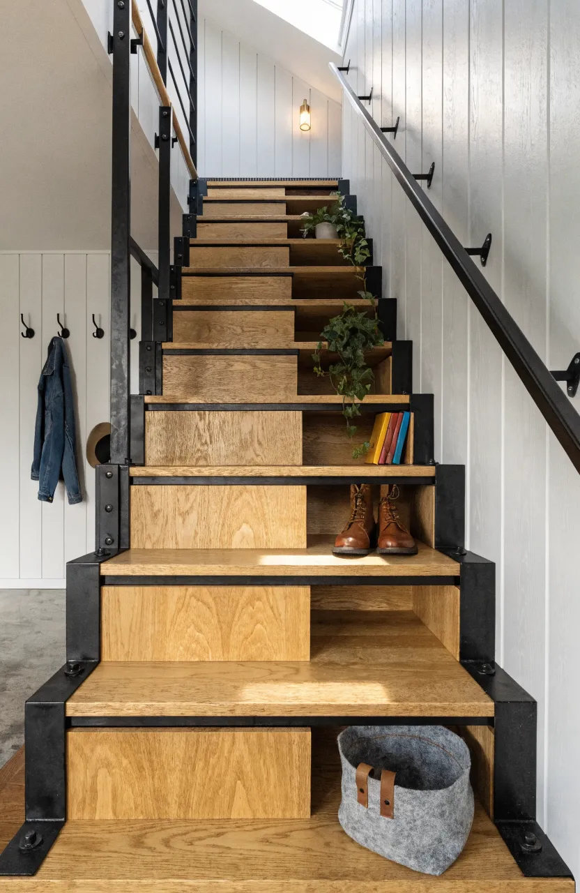 A set of wooden tiny house stairs with built-in storage drawers and a black metal handrail.