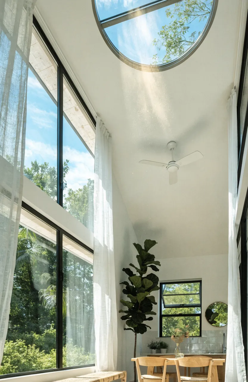 A bright tiny house interior with large windows, a ceiling skylight, and sun-drenched living space.