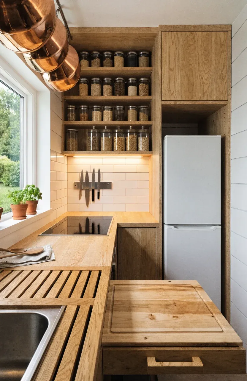 A compact tiny house kitchen featuring vertical shelving, magnetic knife strips, and a pull-out cutting board.