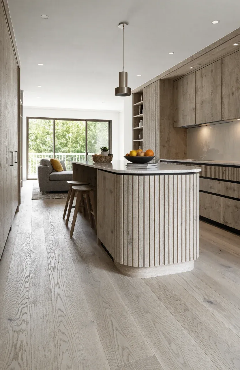 An open-concept tiny house interior showing a kitchen peninsula separating the cooking and living areas.