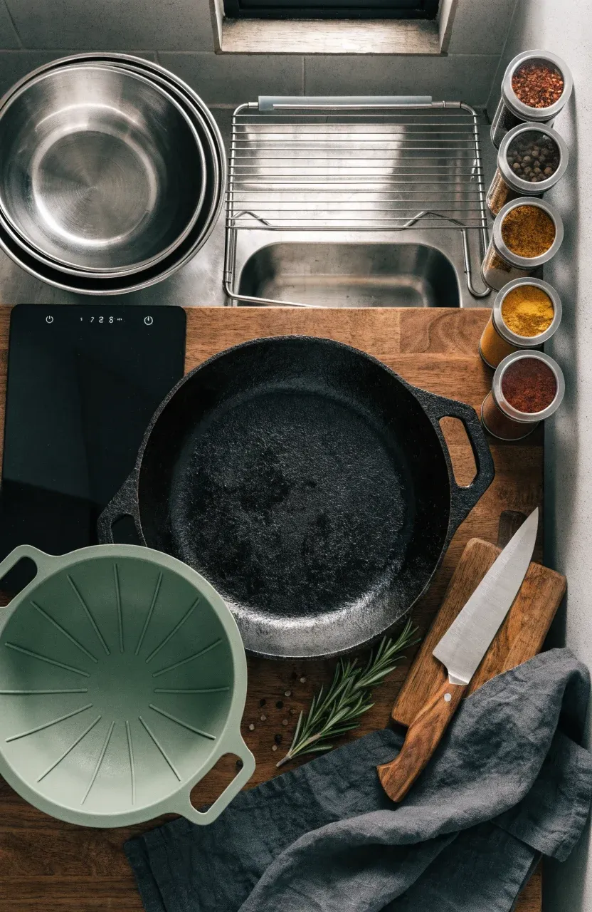 A collection of essential tiny house kitchen gear including a cast iron skillet and nesting bowls.
