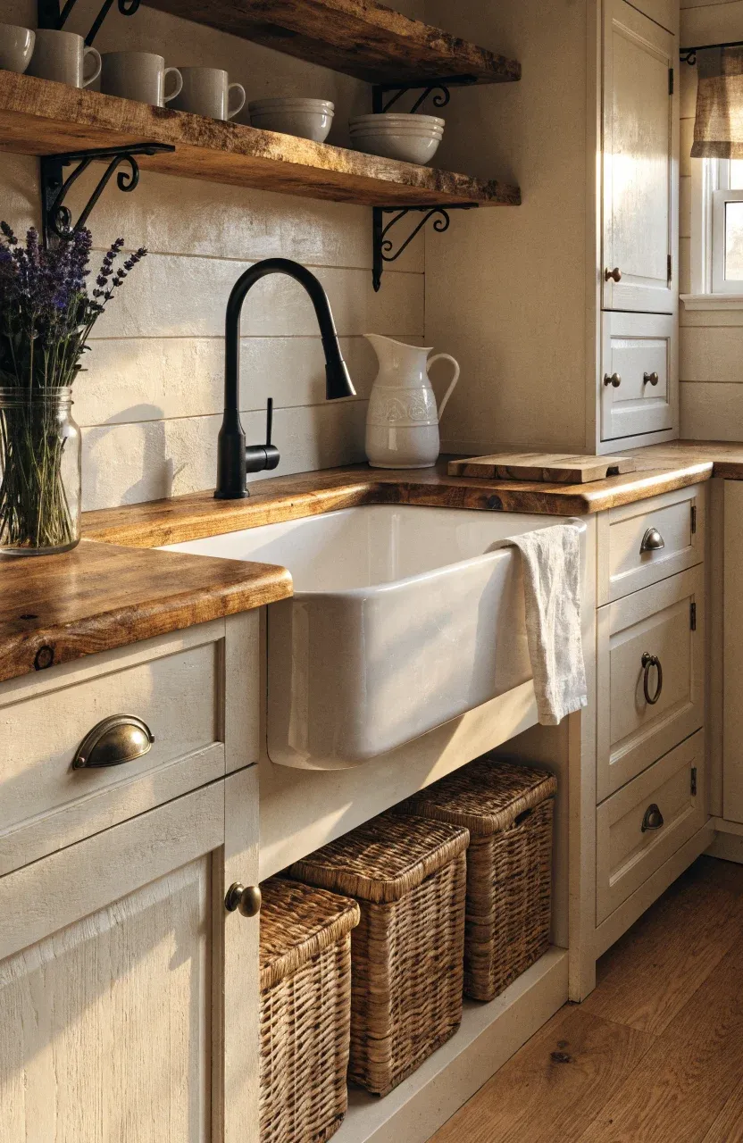 A cozy tiny house kitchen with a farmhouse sink, reclaimed wood counters, and woven baskets.