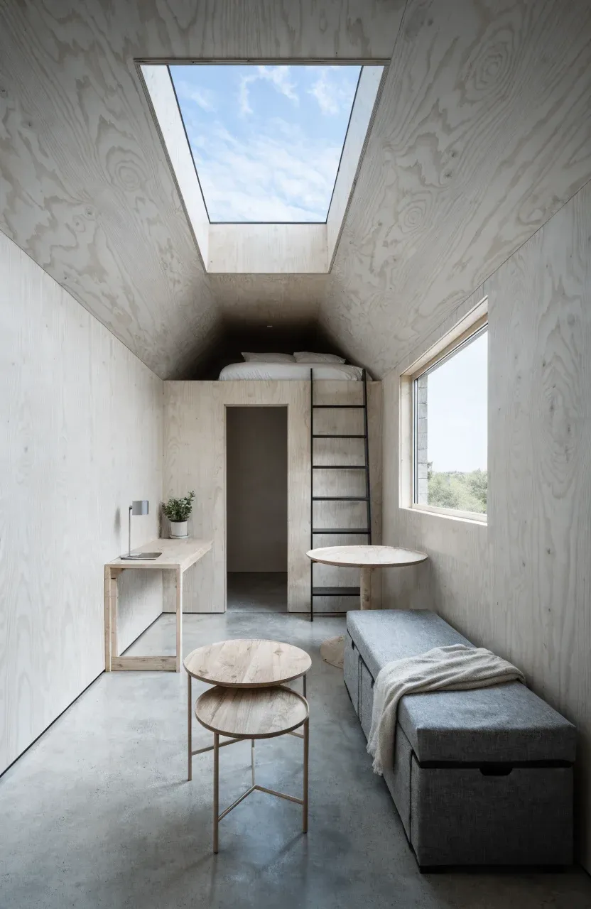 A tiny house interior featuring a fold-down desk and storage bench to maximize floor space.