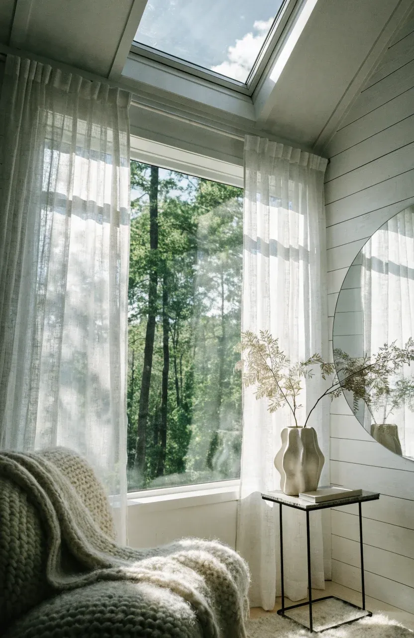 A bright tiny house interior with a large window, a mirror reflecting light, and cozy textiles.
